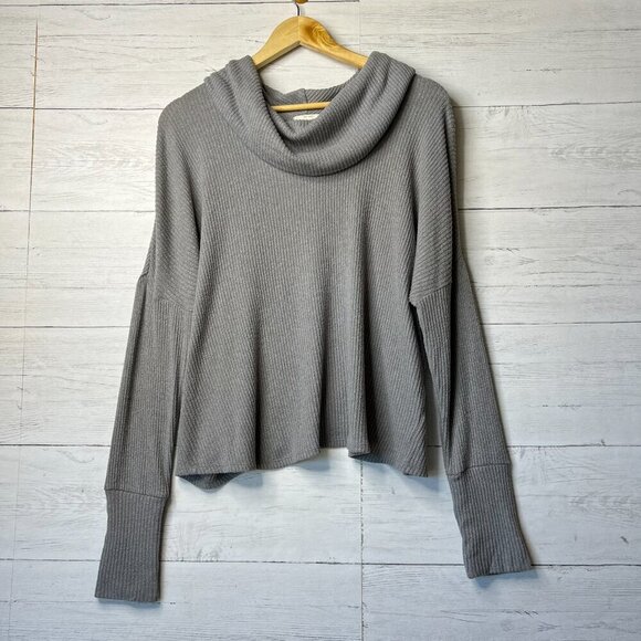 Lucky Brand Sweater SZ Medium Gray Tulip Hem Ribbed Asymmetrical Open Back Fall - Picture 7 of 12